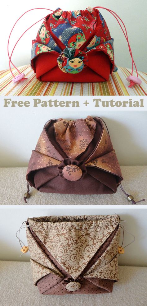 Fabric Project Bags Free Pattern, Japanese Drawstring Bag Pattern, Origami Pouch Tutorial, Omiyage Bag Tutorial, Origami Fabric Bags, Origami Sewing Pattern, Japanese Drawstring Bag, Japanese Origami Bag, Japanese Bag Design