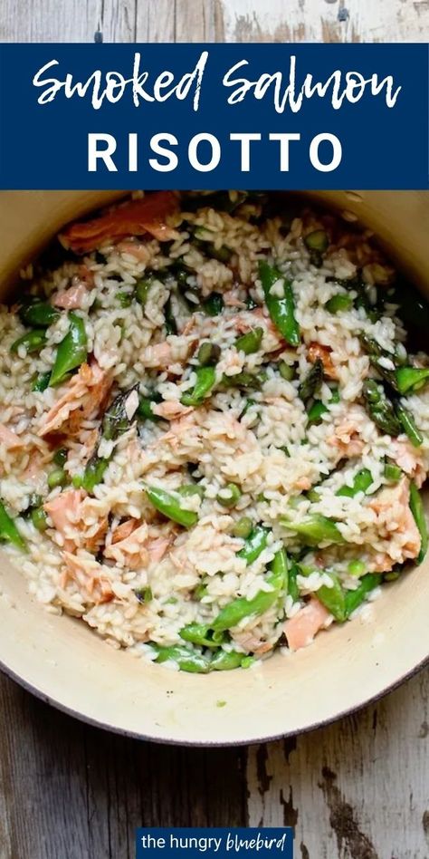 Salmon Rice Asparagus, Smoked Salmon And Rice Recipes, Smoked Salmon Risotto, Poached Fish Recipes, Spring Risotto, Risotto With Asparagus, Salmon Risotto, Carpaccio Recipe, Creamy Avocado Sauce