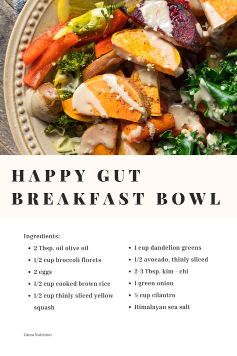 Gut health is at the root of your health. When your gut is healthy, digestion is good, and you get the most nutrition out of your meals. When your gut is unhealthy, digestion is poor, and you may not absorb all the nutrients you are consuming. This is one of our favorite recipes and can be eaten for breakfast or lunch! Gut Health Bowl, Healthy Gut Breakfast Ideas, Gut Health Recipes Meals, Food For Healthy Gut, Gut Healing Recipes Meals, Breakfast For Gut Health, Gut Health Diet Recipes, Gut Breakfast, Meals For Gut Health