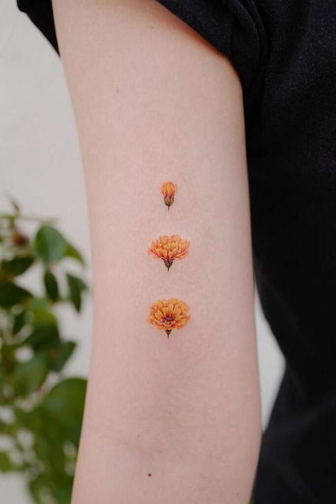 Montreal Tattoo, Marigold Tattoo, Carnation Tattoo, Astrology Tattoo, Chrysanthemum Tattoo, White Ink Tattoo, Daisy Tattoo, Small Flower Tattoos, Birth Flower Tattoos