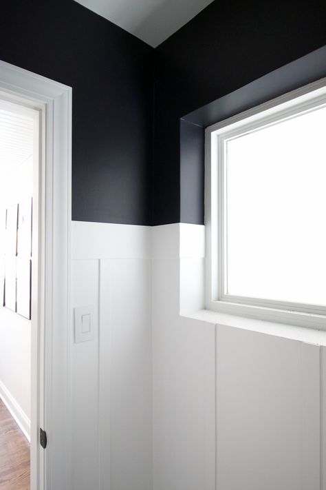 Black Bathroom Paint, White Board And Batten, White Bathroom Paint, Bold Bathroom, Small Powder Room, Black Paint Color, Black White Bathrooms, Diy Playbook, Bathroom Paint