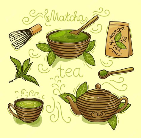 Tea Leaves Illustration, Drink Sketch, Illustration Objects, Matcha Drink, Cappuccino Coffee, Leaves Illustration, Fruit Wallpaper, Color Illustration, Cafe Logo