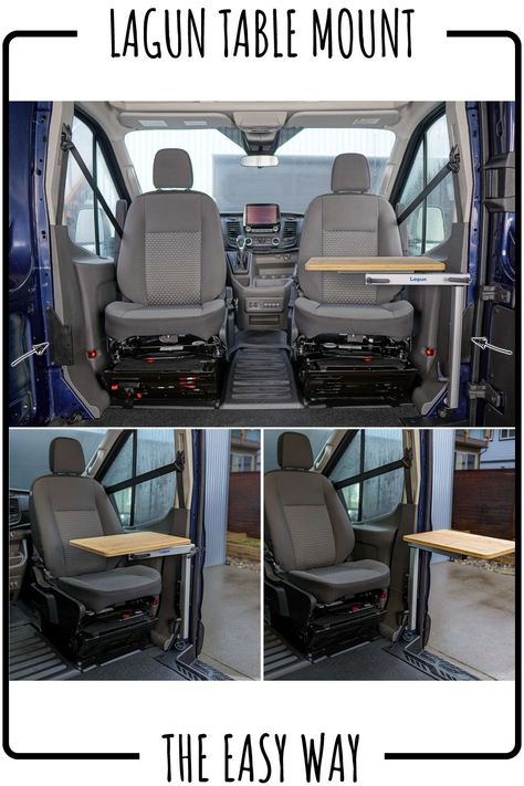 Ford Transit campervan with Lagun Table installed on the passenger side. Lagun Table, Van Conversion Build, Diy Van Conversions, Transit Van, Van Life Diy, The Passenger, Passenger Seat, Van Camping, Van Conversion