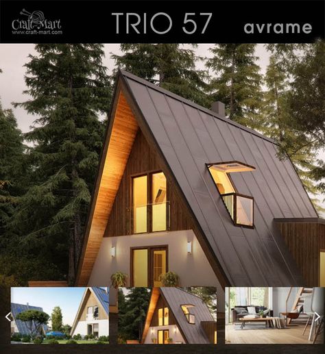 TRIO 57 Prefab Tiny House Another Avrame model home for "off the grid" living anywhere on the planet. Just perfect for ski chalet or writer's retreat...#tinyhouse #tinyhouseplans #minimalism Design Case Mici, A Frame House Kits, Pre Fab Tiny House, Triangle House, A Frame Cabins, A Frame House Plans, A Small House, Frame House, A Frame Cabin