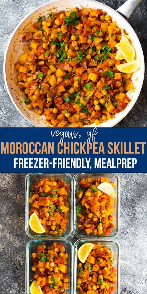 Mealprep Freezer, Chickpea Skillet, Chickpea Dishes, Vegan Skillet, Freezer Casseroles, Moroccan Seasoning, Moroccan Chickpea, Accidentally Vegan, Lunch Prep