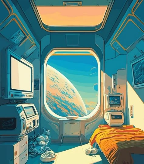 Space Lofi Art, Space Sci Fi Art, Space Pod Concept Art, Spaceship Window View, Anime Space Station, Spaceship Room Design, Space Station Concept Art Interior, Sci Fi Artwork, Sci Fi Concept Art Environment