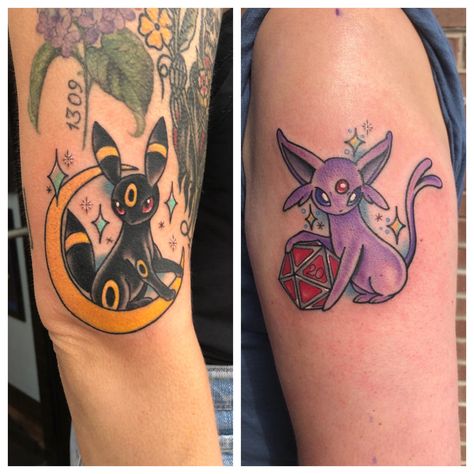 Umbreon Espeon Tattoo, Umbreon And Espeon Tattoo, Leafeon Tattoo, Espeon Tattoo, Umbreon Tattoo, Tattoos Together, Equine Tattoo, Umbreon Espeon, Tattoo Black And White