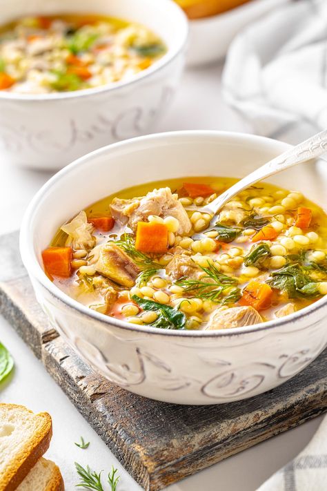 Chicken Couscous Soup with Vegetables Chicken And Couscous Soup, Chicken Soup With Couscous, Chicken Couscous Soup, Soup With Couscous, Couscous Soup, Carrot Potato Soup, Chili Salad, Chicken Meatball Soup, Soup With Vegetables