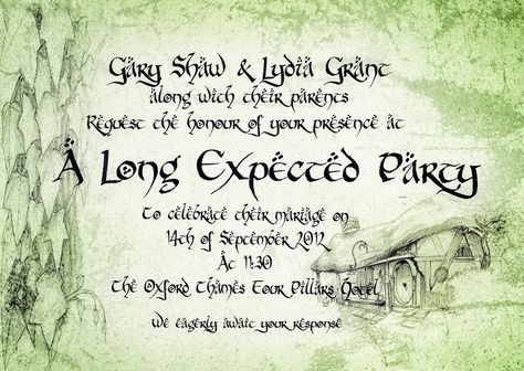 Lord of the rings inspired wedding invite - complete shift, but it is a long expected party! Hobbit Wedding Theme, Long Expected Party, Lord Of The Rings Birthday, Lord Of The Rings Decor, Fantasy Wedding Theme, Middle Earth Wedding, Lord Of The Rings Wedding, Hobbit Wedding, Wedding Invatations