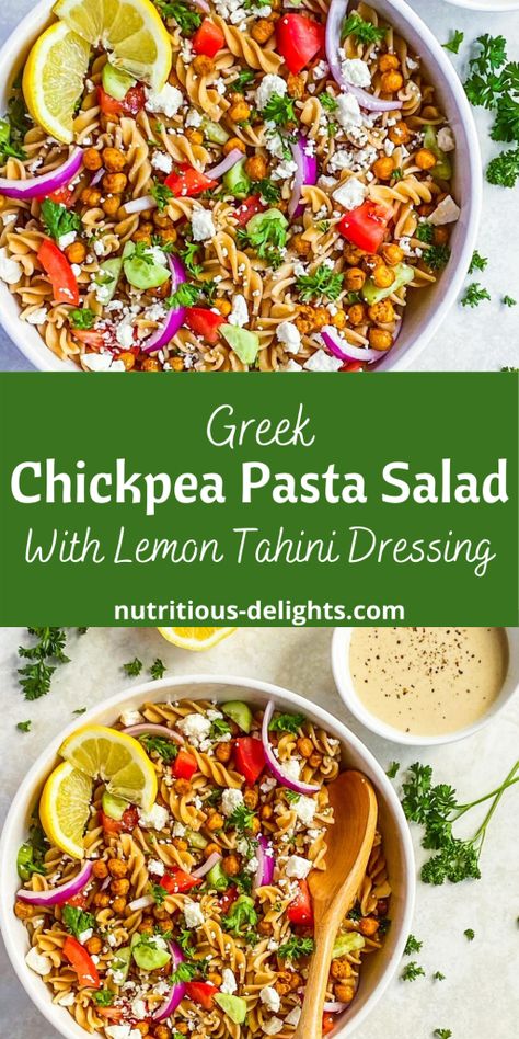 Tahini Pasta Salad, Chickpea Pasta Salad, Quinoa Spinach Salad, Tahini Pasta, Greek Chickpeas, Vegan Pasta Salad, Healthy Pasta Salad, Lemon Tahini Dressing, Salad With Lemon