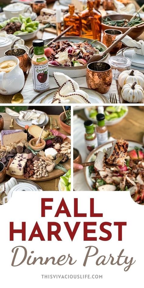 Hosting your next fall harvest party or Thanksgiving and wondering how to host it? What to serve on the menu for main dishes, sides, desserts and appetizers? Check out our beautiful fall tablescape, fall chacuterie board and menu, plus our apple cider chicken marinade recipe! #FallEntertaining #ThisVivaciousLife Harvest Menu Ideas, Fall Entrees For Party, Fall Outdoor Dinner Party Food, Fall Harvest Dinner Party, Fall Outdoor Dinner Party, Fall Menu Ideas, Fall Dinner Party Menu Ideas, Fall Party Menu, Fall Backyard Party