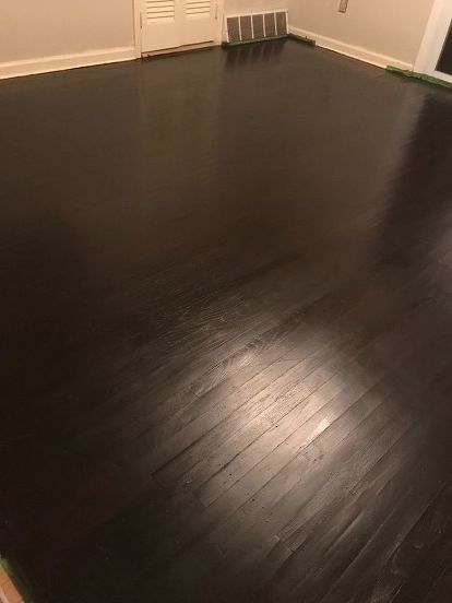 Black Painted Hardwood Floors, How To Stain Laminate Floors, Staining Laminate Floors, Dark Painted Wood Floors, Brown Painted Floors Wood, Painted Wood Floors Living Room, How To Stain Wood Floors, Paint Hardwood Floors Diy, Dark Painted Floors