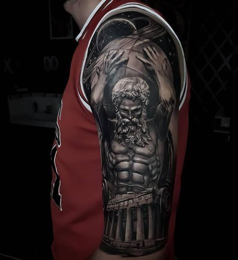 Atlas carrying a world sphere atop temple Atlas Bear, Atlas Tattoo, Temple Tattoo, Hunting Tattoos, Skull Sleeve Tattoos, Skull Sleeve, Celestial Sphere, Circle Tattoo, Greek Mythology Tattoos