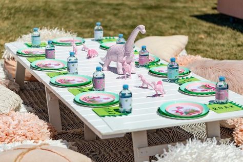 Girly Dino Picnic Party on Kara's Party Ideas | KarasPartyIdeas.com (28) Dinosaur Picnic, Dino Tea Party, Girl Dinosaur Birthday, Dino Birthday Party, Dinosaur Themed Birthday Party, Dino Birthday, Donut Party, Dino Party, Farm Party