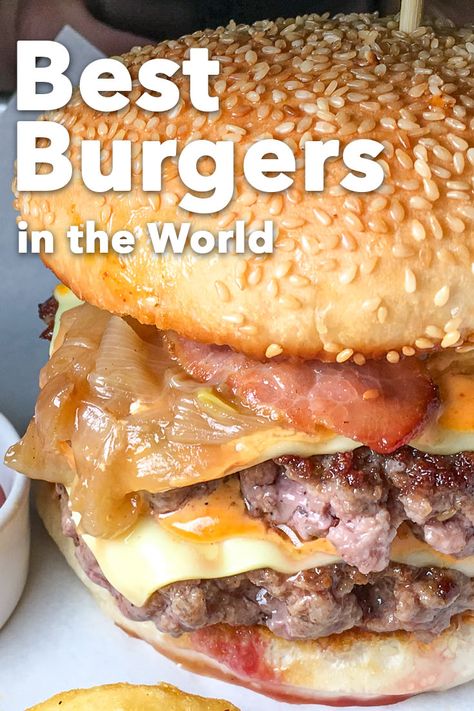 Pinterest image: photo of a double cheeseburger with caption reading "Best Burgers in the World" Worlds Best Burger Recipe, Specialty Hamburgers, Unique Burger Toppings, Whataburger Recipe, Best Hamburger Recipe, Specialty Burgers, Hamburger Ideas, Best Grilled Burgers, Best Hamburgers