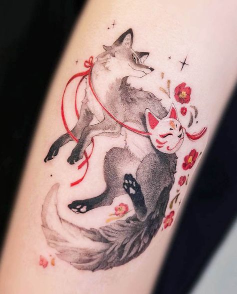 Japanese fox tattoo by @yusoo.tattoo Japanese Fox Tattoo, Small Fox Tattoo, Watercolor Fox Tattoos, Fox Tattoo Design, Our Mindful Life, Japanese Fox, Simple Illustrations, Fox Tattoo, Blossom Tattoo