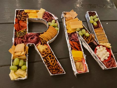 Letter R Charcuterie Board, Fruit Tray Letters, Cheese Board Letters, Nurse Charcuterie Board, Letter Veggie Tray, Letter Food Ideas, Letters With Food Inside, Letter Trays For Food, Letter Fruit Tray