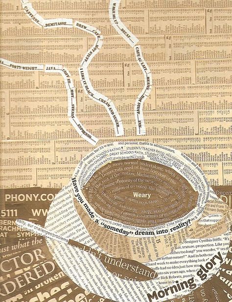 Newspaper collage; great contrast, colors, and message! Word Collage Art, Graphic Alphabet, Words Collage, Newspaper Collage, Paper Collages, Newspaper Art, Collage Art Projects, Paper Collage Art, Coffee Crafts