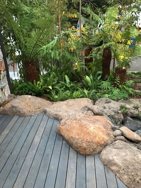 STEM Landscape- Deck with boulder detail Wooden Deck And Stone Patio, Forest Patio, Ground Deck, Garden Pool Design, Boulder Garden, Teak Deck, Stone Deck, Landscape Timbers, Garden Pond Design