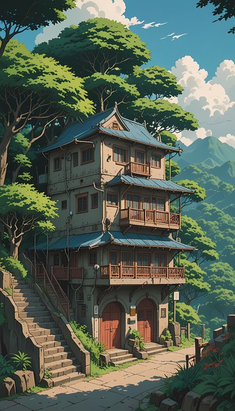 Studio Ghibli vibes landscape   (use it as u like but please sub to my youtube channel, would be a huge help!) Dm me if this image is not a high quality (free) Studio Ghibli Art Landscape, Ghibli Places, Studio Ghibli Architecture, Studio Ghibli Landscapes, Studio Ghibli Scenery Landscape, Ghibli Architecture, Studio Ghibli Landscape, Lunar Punk, Ghibli Nature