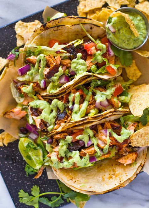 Tomatillo Avocado Salsa, Blackened Salmon Tacos, Tacos Dinner, Salmon Tacos Recipe, Gimme Delicious, Salmon Tacos, Blackened Salmon, Avocado Salsa, Roasted Salmon