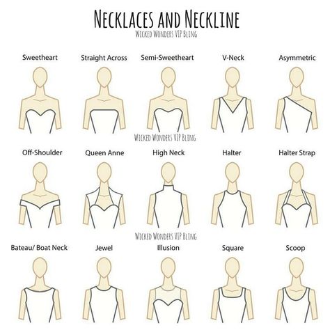 Necklaces and neckline, what to wear?  Its a question we get almost daily! Finding the right necklace to wear with your neckline can sometimes be a challenge for a lot of us.  This is simply because we are generally so focused on colors that we tend to miss how important shape and size fits into the equation. Neckline Necklace Guide, Neckline Guide, Wedding Dress Neckline, Types Of Necklines, Pear Shaped Diamond Necklace, Necklace For Neckline, Jewish Star Necklace, Necklace Guide, Wedding Dress Necklace