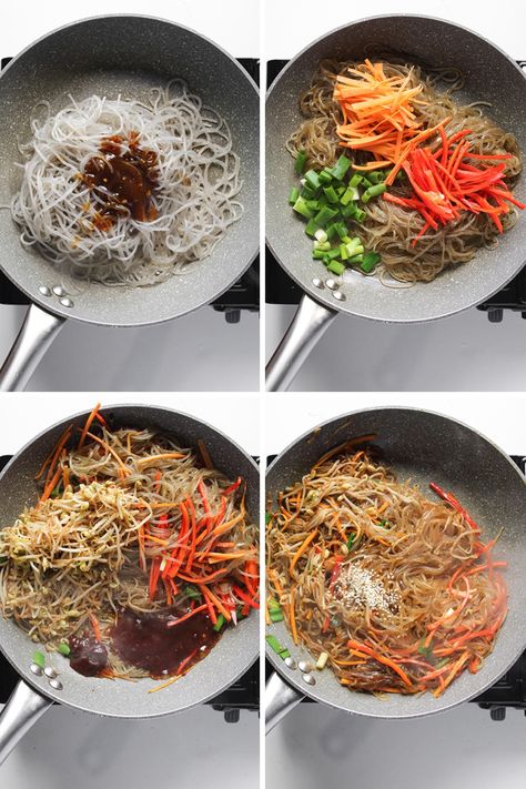 Stir Fry Sweet Potato, Vegetarian Japchae, Japchae Recipe Korean, Sweet Potato Glass Noodles, Potato Glass Noodles, Cook Sweet Potato, Sweet Potato Noodles Recipe, Korean Japchae, Japchae Noodles