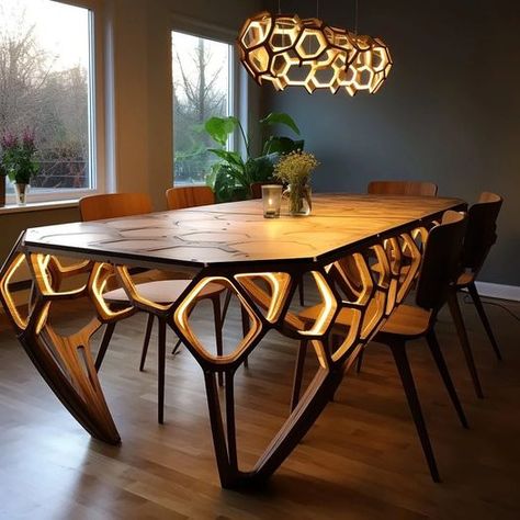 A handcrafted coffee table adding an artisanal touch to a living room. Futuristic Dining Table, Honeycomb Table, Wooden Dining Table Designs, Unique Furniture Design, Artisan Furniture, Futuristic Furniture, Door Design Modern, Table Designs, Dining Table Design