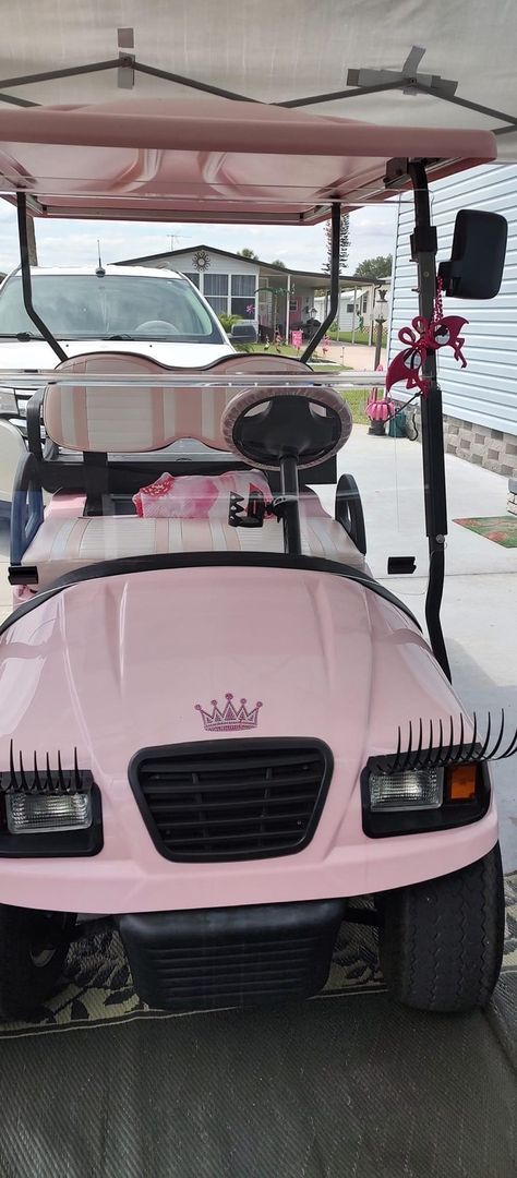 Girly Golf Cart, Golf Carts Aesthetic, Decorated Golf Cart, Aesthetic Golf Cart, Cute Golf Cart, Golf Carts Makeover, Carts Aesthetic, Pink Golf Cart, Golf Cart Paint Ideas