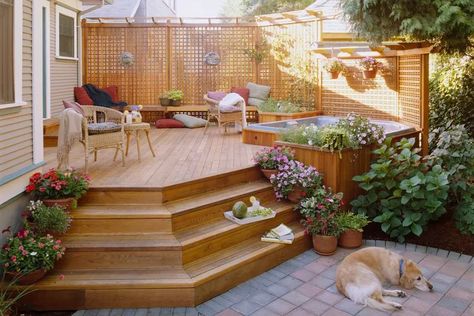 Deck Hot Tub Ideas, Hot Tub Patio Ideas, Hot Tub Deck Ideas, Master Patio, Zen Backyard, Small Hot Tub, Hot Tub Privacy, Sunken Hot Tub, Tub Deck