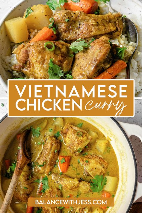 This healthy Vietnamese Chicken Curry, or Ca Ri Ga, is the perfect winter's meal! Bone-in chicken thighs are braised in an aromatic soup with lemongrass, coconut milk, and fish sauce. The vibrant yellow stew is full of flavor & textures - plus it's incredibly easy & versatile! Serve it with noodles, rice, or bread or enjoy it on its own. One pot, dairy free, gluten free. Vietnamese Curry Chicken, Chicken Over Noodles, Ca Ri Ga, Vietnamese Curry, Asian Curry, Continental Dishes, Yellow Curry Chicken, Vietnamese Recipe, Chicken Curry Soup