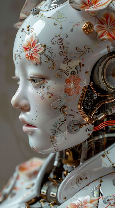 Prompt 👉Japanese porcelain robot with a traditional fan in hand, made in light colors with traditional floral patterns, close-up. The setting is an ornate museum hall filled with various mechanical sculptures and vintage electronic equipment. The mood should be mysterious yet elegant, reflecting the essence of futuristic craftsmanship and historical beauty in the style of photography. 👉 if Like, please Follow and Share AI Graphics Studio 👇Contact on WhatsAPP: http://tiny.cc/aigraphicsstudio ... Porcelain Robot, Futuristic Outfits, Be Mysterious, Japanese Robot, Japanese Porcelain, Floral Patterns, The Mood, Cyberpunk, Light Colors