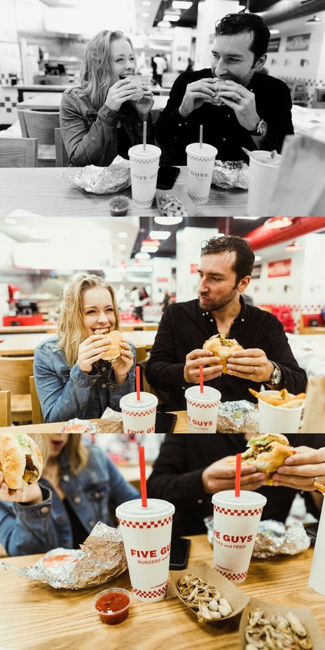 Couple Eating At Restaurant, Couple Eating Photography, Burger Couple Photoshoot, Five Guys Photoshoot, Eating Burger Pose, People Eating Photography, Couple Eating Together Aesthetic, Couples Eating Together, Restaurant Couple Photos