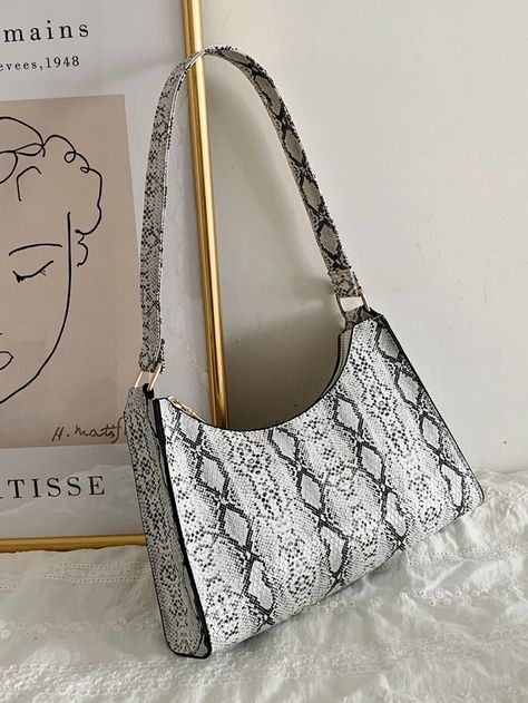 Croc Embossed Baguette Bag | SHEIN Snake Print Bag, Baguette Bags, Fancy Bags, Baguette Bag, Pretty Bags, Snakeskin Print, Print Style, Grey Pattern, Cute Bags