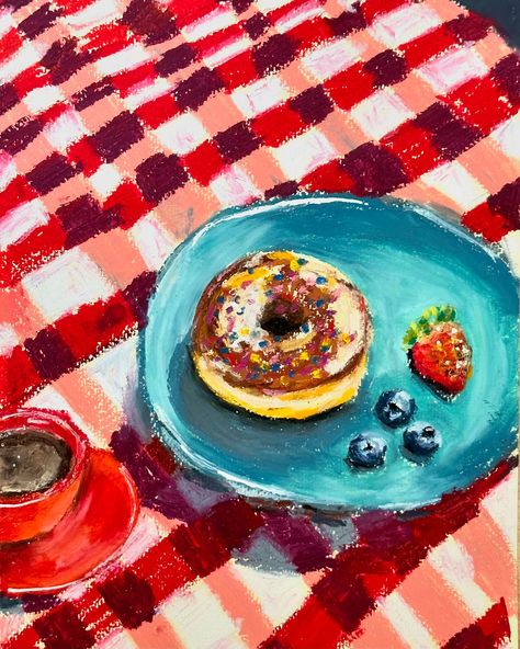 Still Life Drawing Oil Pastels, Coffee Oil Pastel, Donut Still Life, Oil Pastel Still Life, Still Life Sketch, Coffee Drawing, Oil Pastel Drawings, Pastel Paper, Still Life Drawing