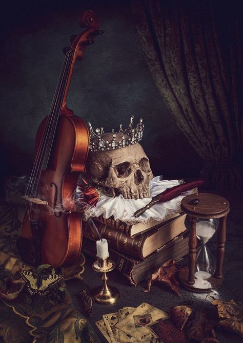 Vanitas Memento Mori, Vanitas Art Style, Skeleton Still Life, Still Life With Skull, Dark Academia Still Life, Memento Mori Still Life, Memento Mori Painting, Still Life Aesthetic, Halloween Still Life