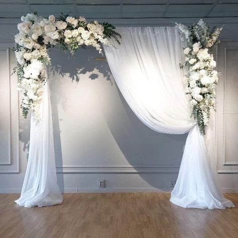 Facebook Outside Wedding Backdrop, Arch Drapery Wedding, Budget Friendly Wedding Ideas, In Home Wedding, Square Wedding Arch, Elegant Party Themes, Wedding Arch Decoration Ideas, Backdrop Draping, Drape Backdrop