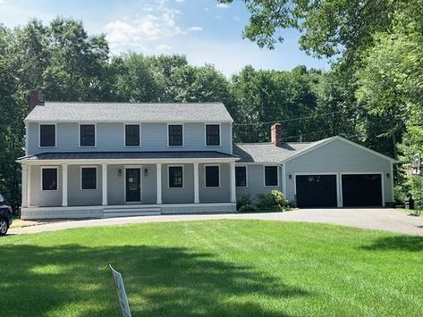 1960s garrison colonial update black windows metal roof farmers porch Garrison Colonial Exterior Makeover, Adding Front Porch, Colonial With Front Porch, Colonial Exterior Makeover, Garrison Colonial Exterior, Garrison Colonial, Black Windows Exterior, Colonial Remodel, Farmers Porch