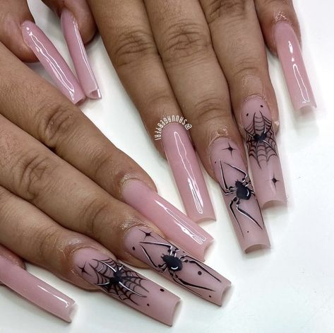 Pink Spider Nails, Lipstick Nail Shape, Spidey Nails, Spiderweb Nail Art, Nail Art Spider, Lipstick Nails Shape, Spiderweb Nails, Spider Nail Art, Nail Painting Tips