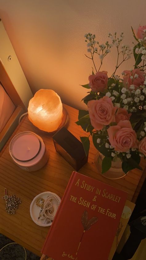 Aesthetic Bedside Table, Rose Salt, Lamp Photo, A Study In Scarlet, Books Flowers, Salt Room, Himalayan Salt Lamp, Book Flowers, Salt Lamp