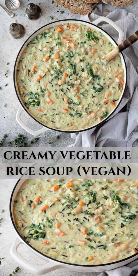 Creamy vegetable rice soup - this hearty soup is total comfort food. Filled with vegetables, white beans, rice and cashew cream it is filling, healthy and delicious! Vegan White Rice Recipes, Vegan Soup With Rice, Creamy Vegan Recipes, Vegetarian Wild Rice Soup, Vegan Creamy Soup, Vegan Soups Recipes, Vegan Creamy Rice, Vegetarian Rice Soup, Rice Soup Vegan