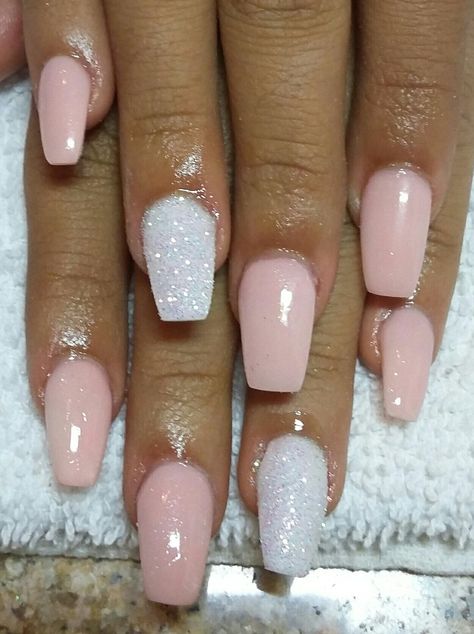 Pink With White Glitter Nails, Cute Nails For Pink Dress, Blush Pink And White Nails, Pale Pink White Nails, Light Pink And White Nail Ideas, Light Pink Nails With Glitter Short, Light Pink Acrilyc Nails, White And Pink Coffin Nails, Pale Pink And White Nails