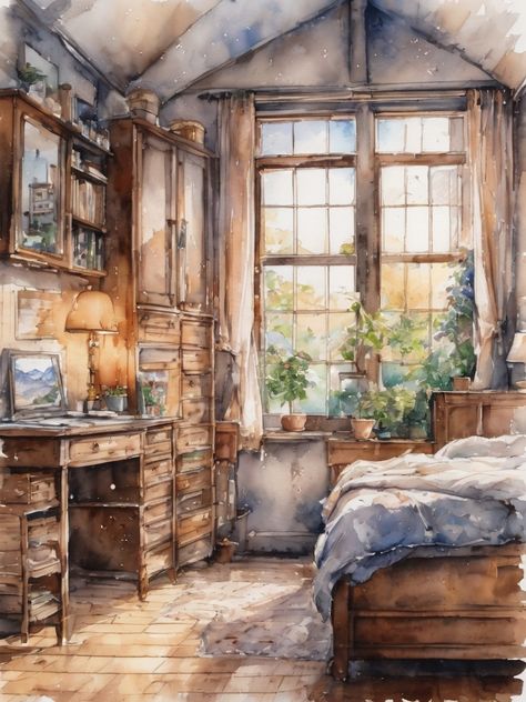 Cute vintage bedroom room,light blue color scheme, AI art, Watercolor painting Watercolour Room Painting, Watercolor Room Painting, Painting Of Bedroom, Light Blue Color Scheme, Room Light Blue, Classic House Interior, Watercolor Room, Watercolor Bedroom, Room Watercolor