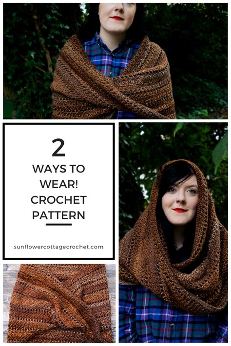 Outlander inspired hooded wrap crochet pattern which uses #5 yarn such as James C Brett Glamour or Lion Brand Scarfie yarn and a 6mm hook. Lion Brand Scarfie Crochet Patterns, Crochet Mobius Wrap, Crochet Mobius, Wrap Crochet Pattern, Scarfie Yarn, Cottage Crochet, Sunflower Cottage, Friends Crochet, Crochet Wrap Pattern