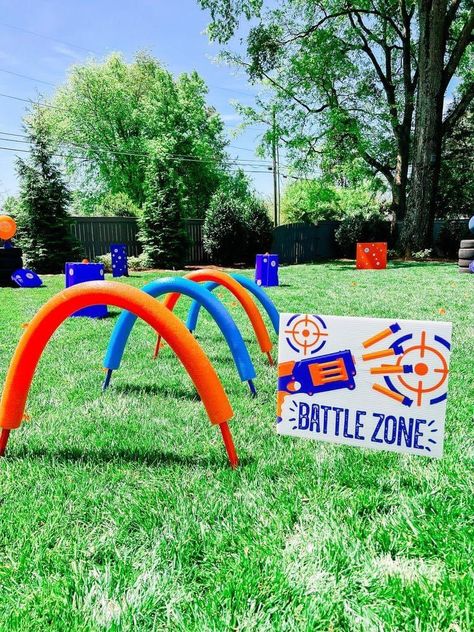 Nerf Birthday Party Ideas, Nerf Target, Boys 8th Birthday, 7th Birthday Party Ideas, Battle Field, Nerf Birthday Party, Backyard Birthday Parties, Nerf Party, 5th Birthday Party Ideas