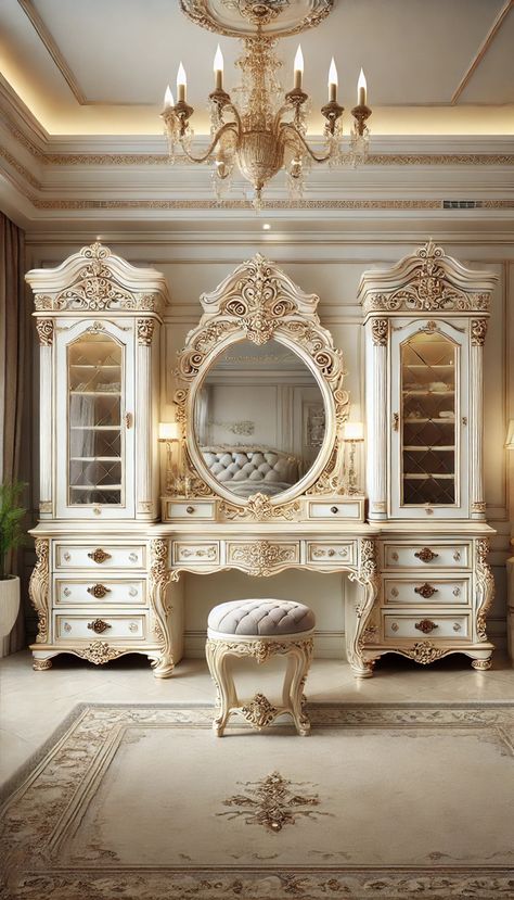 French Vanity Table, French Baroque Interior, Victorian Style Room, Royal Vanity, Fancy Vanity, Glam Beauty Room, Vintage Dressing Room, Dressing Table Mirror Design, Vintage Dressing Rooms