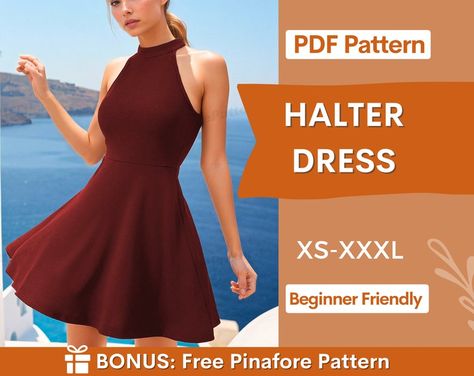 Halter Neck Dress Pattern, Free Pinafore Pattern, Sewing Patterns Women, Easy Dress Pattern, Dress Pattern Sewing, Sewing Planner, Tank Dress Pattern, Halter Dress Pattern, Dress Pattern Pdf