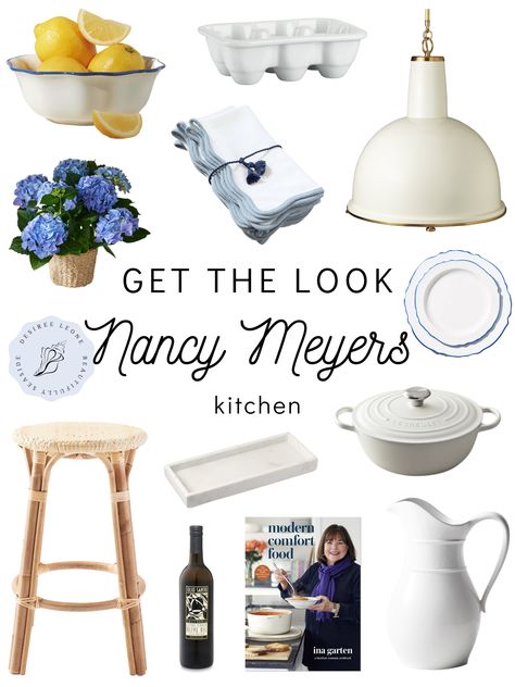 GET THE LOOK OF NANCY MEYERS'S KITCHEN - Beautifully Seaside Nancy Mayer Kitchen, Nancy Myers Style Kitchen, Nancy Meyers Front Porch, Nancy Meyer Aesthetic, Nancy Myers Homes Kitchen, Blue And White Cottage Kitchen, Nancy Meyers Beach House, Nancy Meyers Themed Party, Nancy Myers Style Outfits