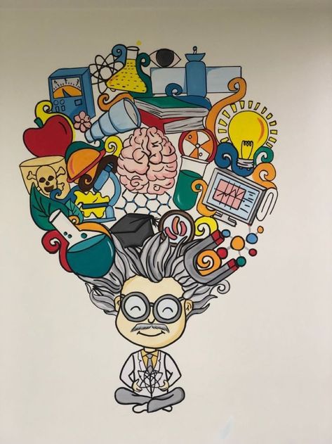 Science Art Drawings, Science Lab Decorations, Wall Drawing Ideas, Book Cover Page Design, Book Cover Page, Creative Wall Painting, School Wall Art, School Murals, Wall Drawing