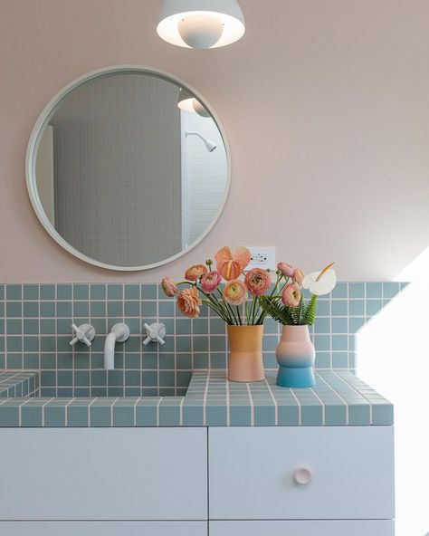 Pink Grout, Desert Bathroom, Black Painted Walls, Herringbone Tile Floors, Restroom Design, Tiny House Bathroom, Palm Desert, Bathroom Tiles, Green Tile